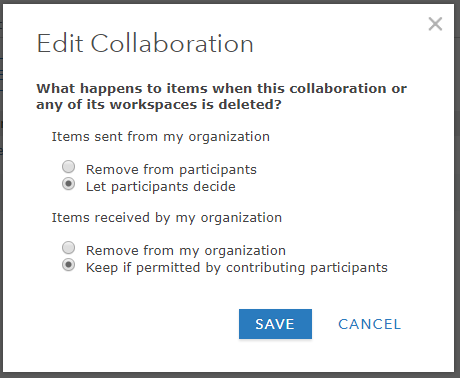 Dialog box for collaboration's content deletion policy