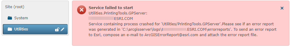 Screenshot of error message for geoprocessing crash