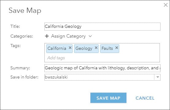 Save Map dialog with tags