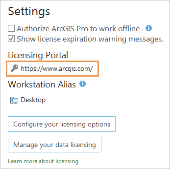 Settings area of the ArcGIS Pro Licensing page