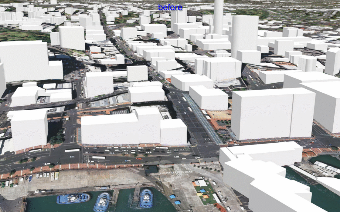 Auckland 3D buildings overlaid on elevation surface