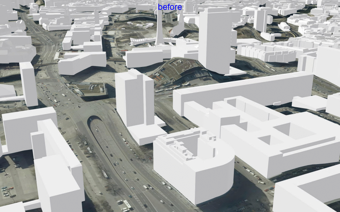 Berlin 3D buildings overlaid on elevation surface