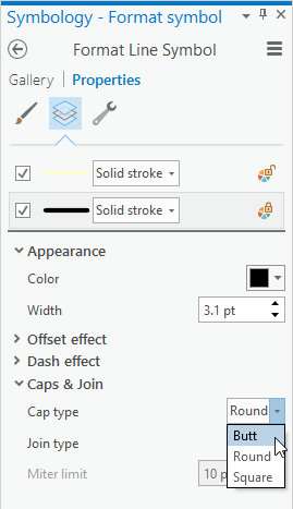 Change Cap type under the "Caps & Join" expander