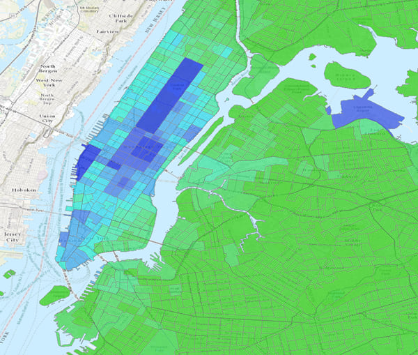 A visualization of the same data after aggregation with GeoAnalytics