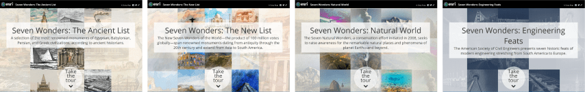 A gallery of four images depict the covers for the Seven Wonders series of Map Tours. From left to right is The Ancient List consisting of historic architectural plates; The New List using a watercolor theme; Natural World with a colorful illustrated theme; and Engineering Feats with images styled after dark blue chalk schematics.