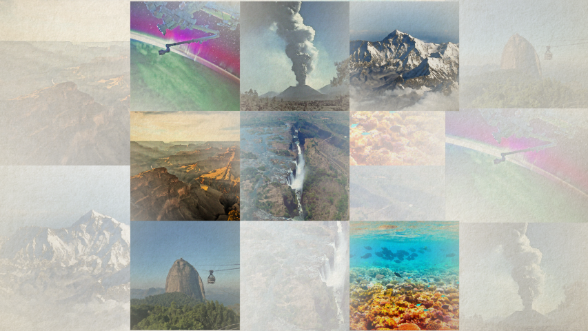 A small multiples grid of colorful icons overlaid on a parchment background depict natural formations and phenomena from around the world. Phenomena include the Aurora Borealis, Paricutin Volcano, Mount Everest, the Grand Canyon, Victoria Falls, Sugarloaf Mountain, and the Great Barrier Reef.