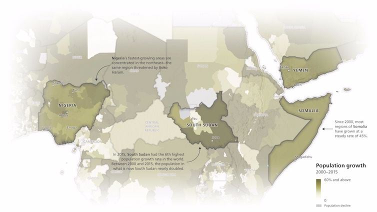 A map from the story 'On the Front Lines of Famine' showing population growth