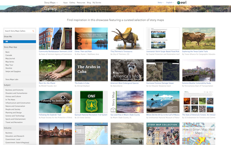 Screenshot of the Story Maps Gallery