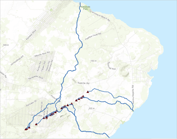 Predicted flow paths from Trace Downstream tool