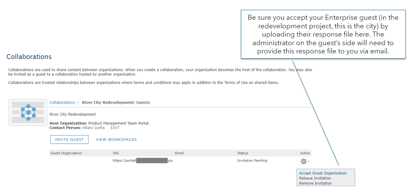 The next step is to accept the guest organization. The tooltip reads "Be sure you accept your Enterprise guest (in the redevelopment project, this is the city) by uploading their response file here. The administrator on the guest’s side will need to provide this response file to you via email."