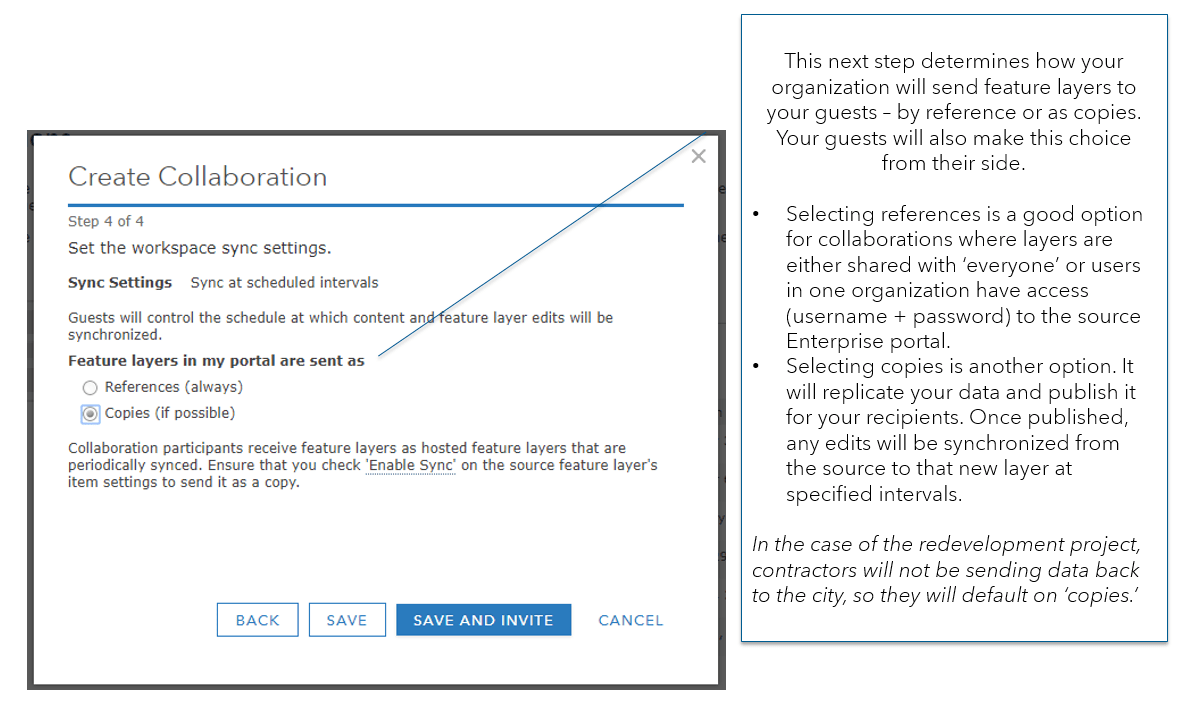 Step 4 is to set the workspace sync settings. Options are to send feature layers as reference or as copies. Tooltip reads "This next step determines how your organization will send feature layers to your guests – by reference or as copies. Your guests will also make this choice from their side. Selecting references is a good option for collaborations where layers are either shared with ‘everyone’ or users in one organization have access (username + password) to the source Enterprise portal. Selecting copies is another option. It will replicate your data and publish it for your recipients. Once published, any edits will be synchronized from the source to that new layer at specified intervals. In the case of the redevelopment project, contractors will not be sending data back to the city, so they will default on ‘copies.’"