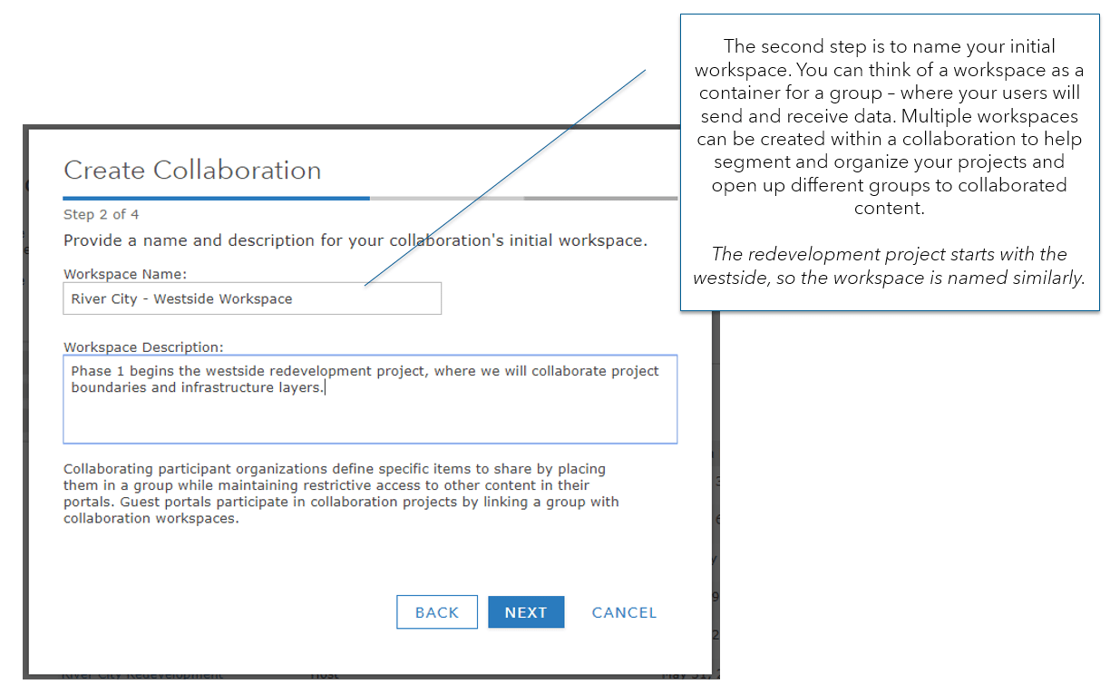 Step 2 of collaboration: provide a name and description for your collaboration's initial workspace. The workspace name is River City - Westside Workspace. The workspace description is: Phase 1 begins the westside redevelopment project, where we will collaborate project boundaries and infrastructure layers. The tooltip reads: "The second step is to name your initial workspace. You can think of a workspace as a container for a group – where your users will send and receive data. Multiple workspaces can be created within a collaboration to help segment and organize your projects and open up different groups to collaborated content. The redevelopment project starts with the westside, so the workspace is named similarly."