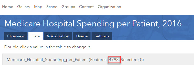 Location of number of records (4798 Features in red box) on the Details Page's Data Tab of a feature layer.