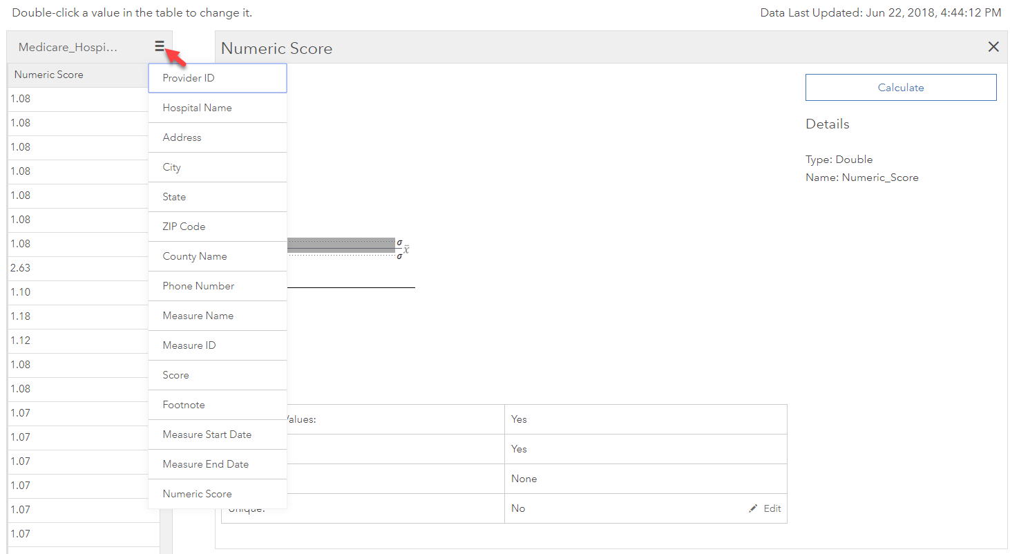 Location of hamburger menu button (red arrow at top left) to select different fields for the Detailed View.