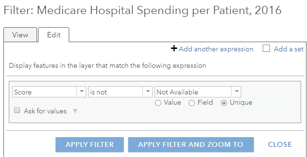 Dropdown menus for filtering within the feature layer “Medicare Hospital Spending per Patient, 2016.” Dropdown menus for filtering within the feature layer “Medicare Hospital Spending per Patient, 2016.”