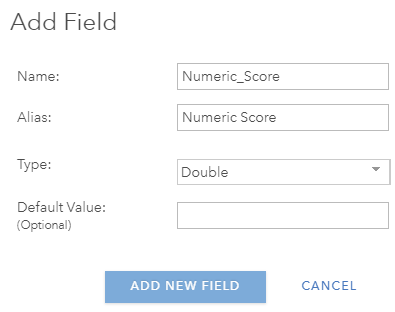Add Field dialogue panel shown when selecting Add Field from the Options menu. Add Field dialogue panel shown when selecting Add Field from the Options menu.