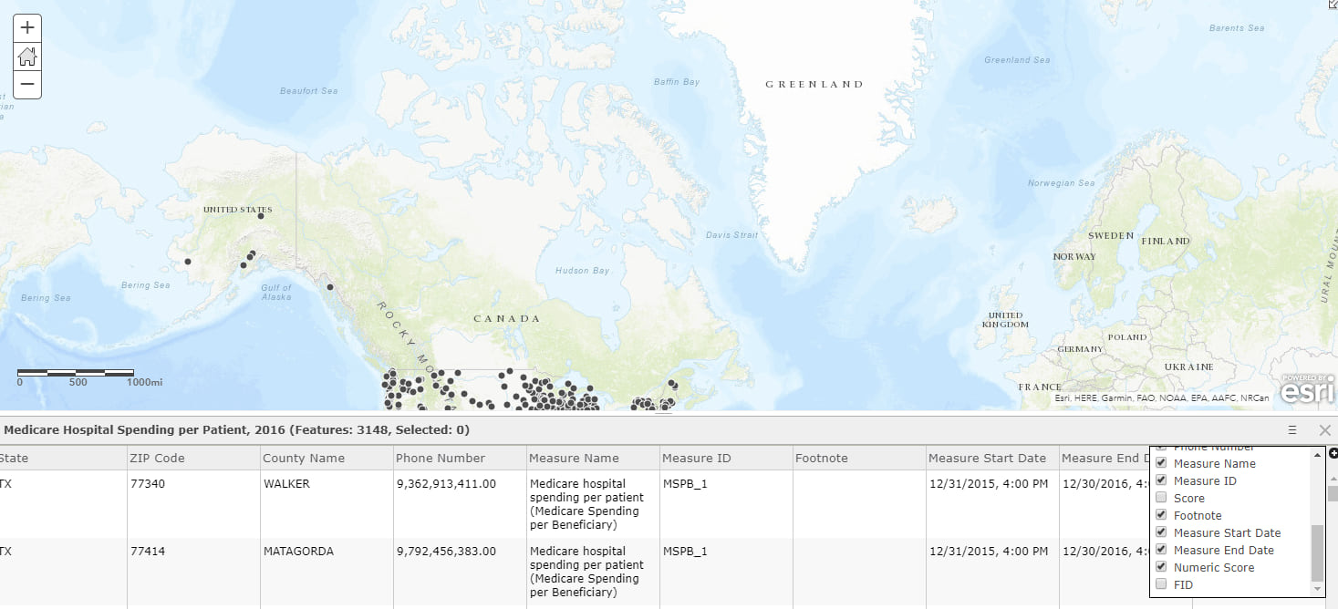 Map Viewer with attribute table open: the original “Score” field unchecked via the Show/Hide Columns option at bottom right.