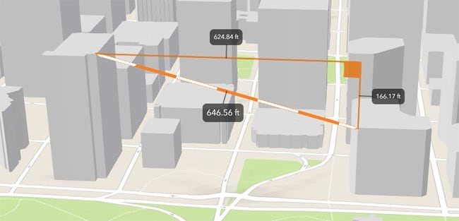 3D scene with measurement shown between two buildings