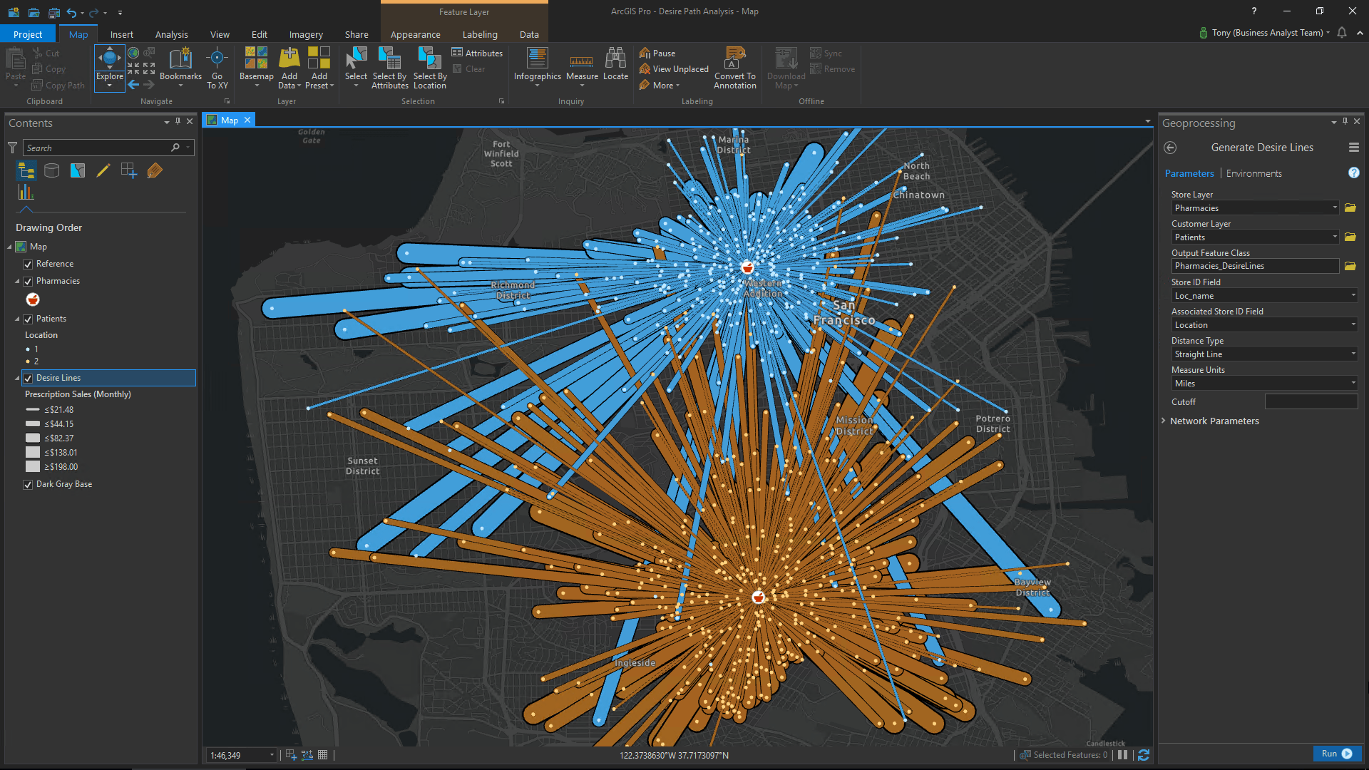 Screenshot of the Generate Desire Lines tool in the Business Analyst extension in ArcGIS Pro