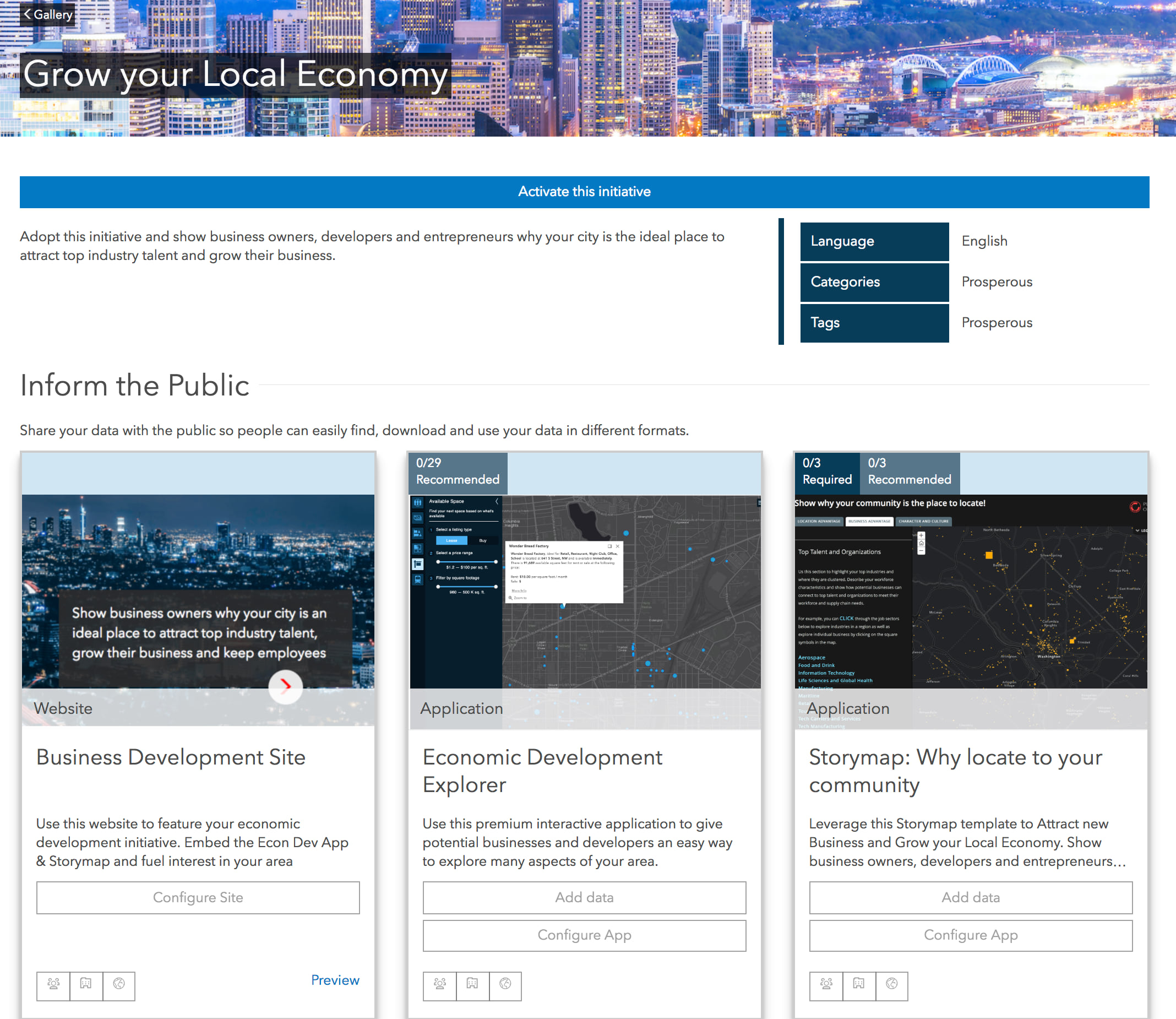 Image of the preview initiative screen for the Grow your Local Economy Initiative. The image shows a collection of apps that you can configure with your data. These apps include the Business Development website, the Economic Development Explorer, and the why locate to your community story map.