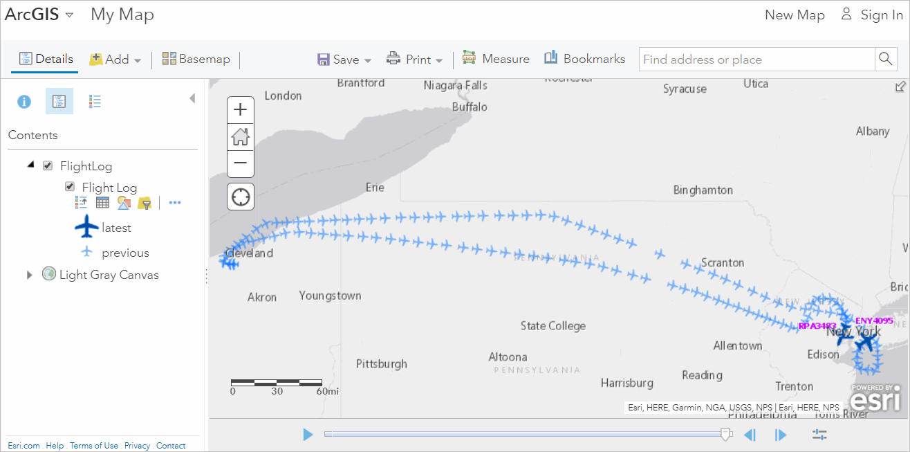 Play back flight data using time slider and query layer in ArcGIS Pro