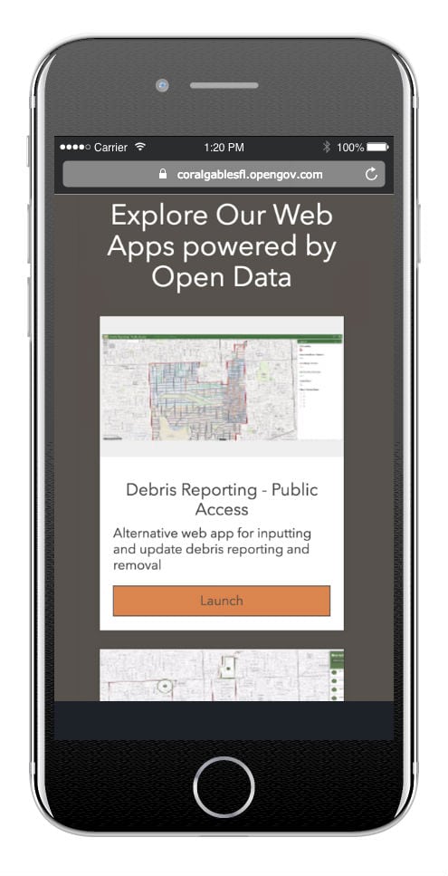 View of an iPhone with an app for debris reporting in the Coral Gables Florida Data Hub View of an iPhone with an app for debris reporting in the Coral Gables Florida Data Hub