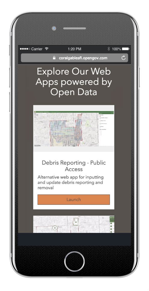 View of an iPhone with an app for debris reporting in the Coral Gables Florida Data Hub