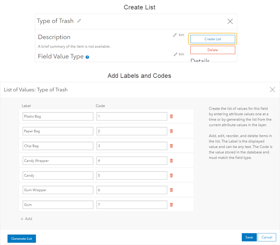 Create list, then add labels and codes