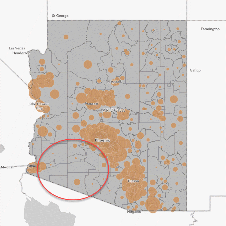 Orange symbols are tracts where reliability flag is 1 or 2. A red circle shows two tracts with reliability flag of 3, no symbols are mapped. Orange symbols are tracts where reliability flag is 1 or 2. A red circle shows two tracts with reliability flag of 3, no symbols are mapped.