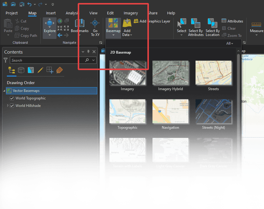 The ArcGIS Pro Window, focusing on the basemap drop-down menu The ArcGIS Pro Window, focusing on the basemap drop-down menu