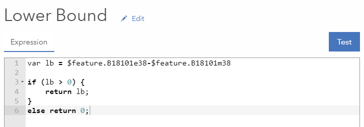 Arcade expression (6 lines) to create a Lower Bound attribute. If statement restricts Lower Bound attribute to zero as minimum value. Arcade expression (6 lines) to create a Lower Bound attribute. If statement restricts Lower Bound attribute to zero as minimum value.
