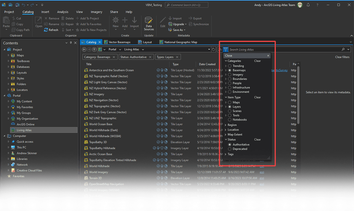 The ArcGIS Pro Catalogue view, showing the Living Atlas and highlighting the filter options The ArcGIS Pro Catalogue view, showing the Living Atlas and highlighting the filter options