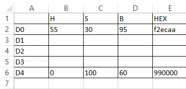 spreadsheet of color values