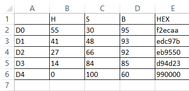 spreadsheet of color values