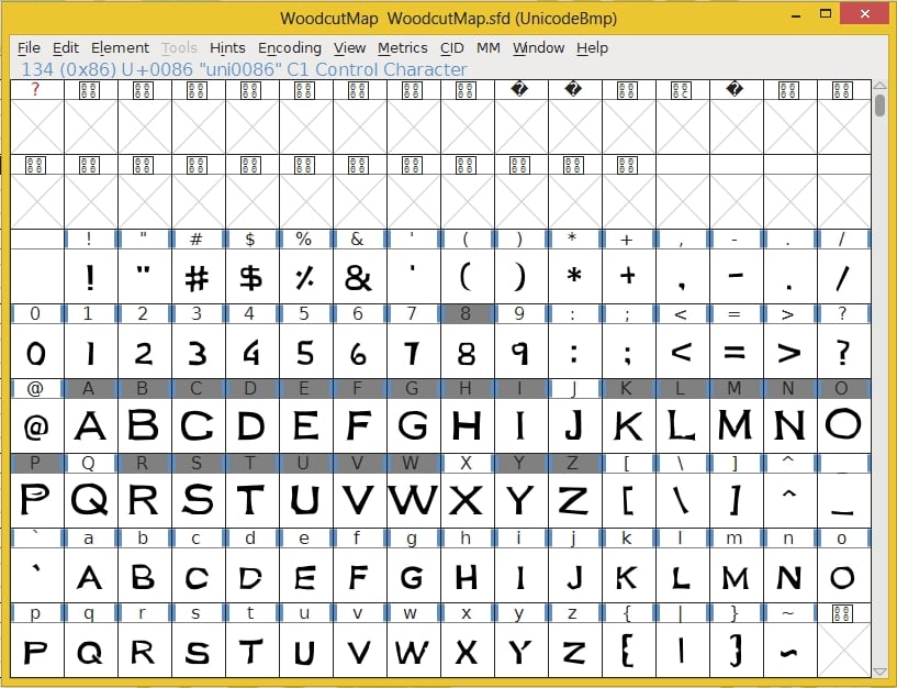 FontForge grid filled with letters