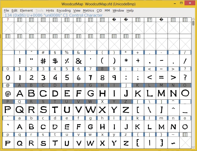 FontForge grid filled with letters FontForge grid filled with letters