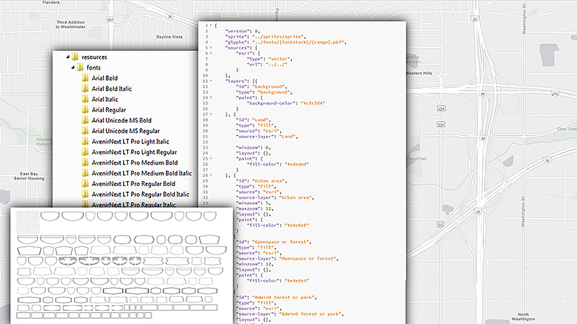 Graphic showing fonts, sprites, and the JSON style file included in the Vector Tile Package Graphic showing fonts, sprites, and the JSON style file included in the Vector Tile Package