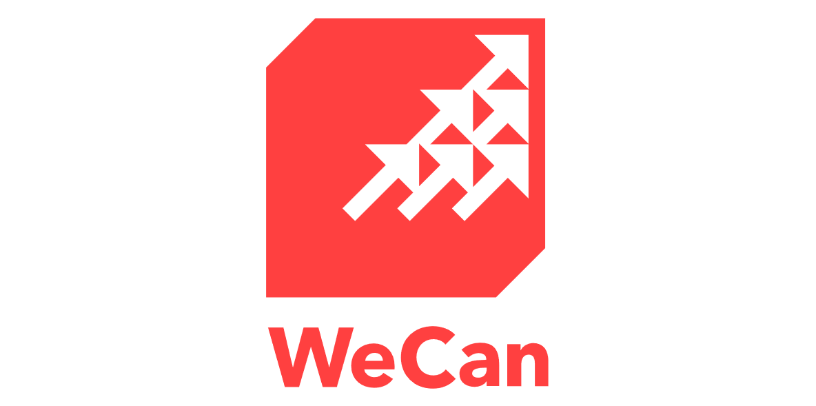 WeCan logo: Six white arrows point up & right in right triangle along right side against red square. Top left & lower right corners chamfered.