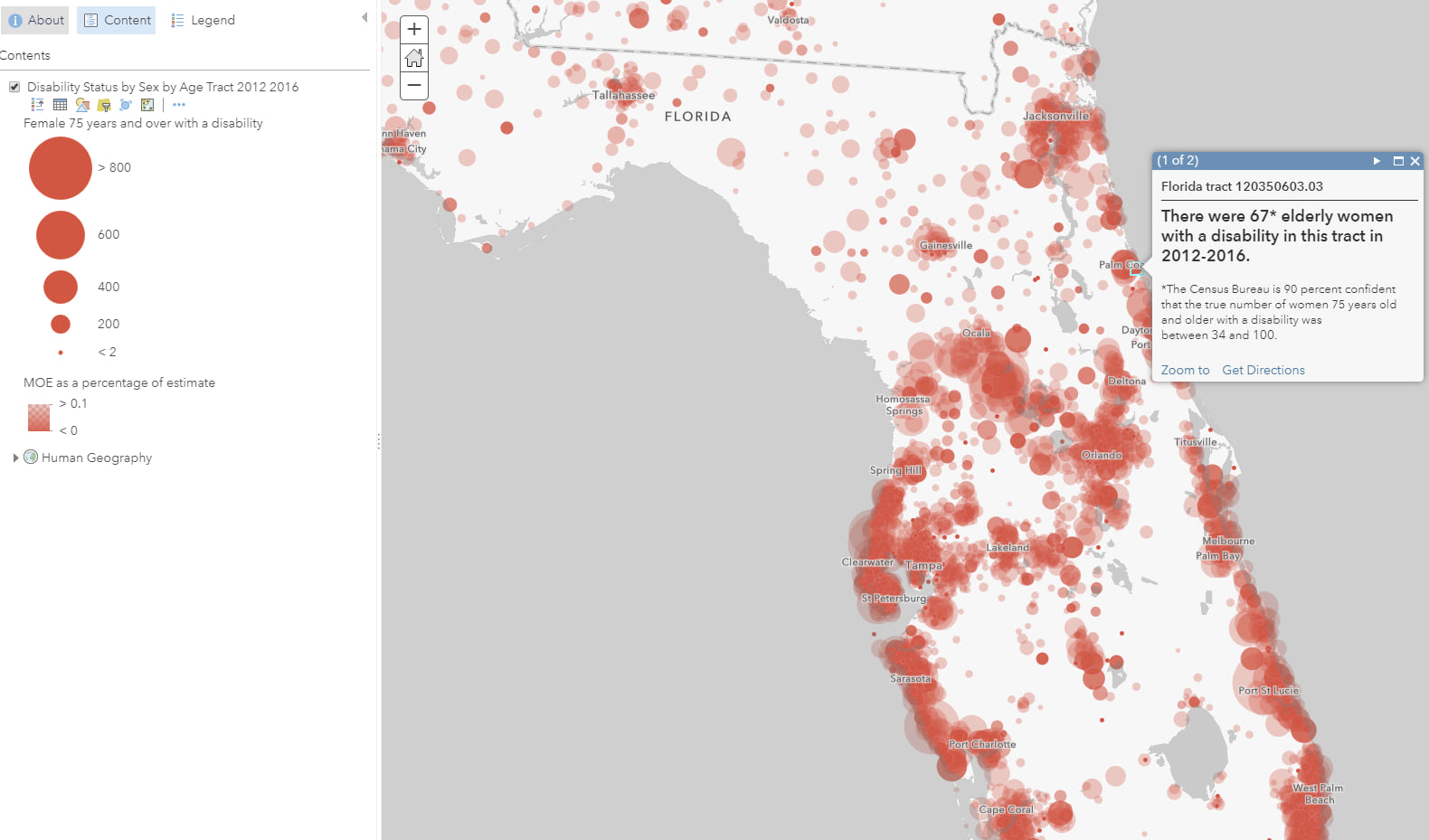 Map that results from applying all pop-up configurations in this blog post: custom pop-up text (right) and transparency range in legend (left).