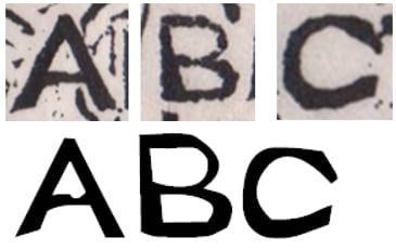 Comparison of woodcut letters and new font letters Comparison of woodcut letters and new font letters