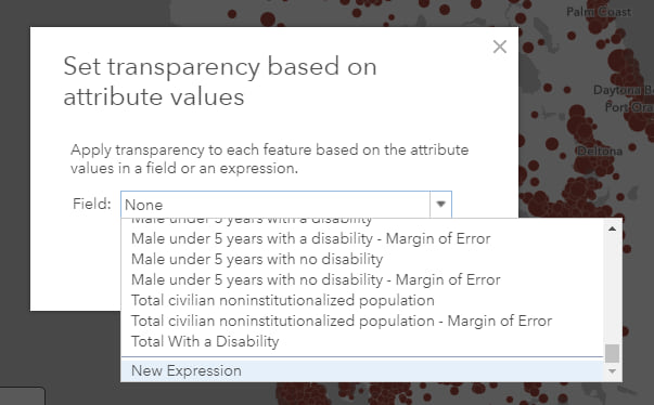 Dialogue panel that opens when “Set from Attribute Values” is clicked. The field “New Expression” is chosen from the dropdown menu.