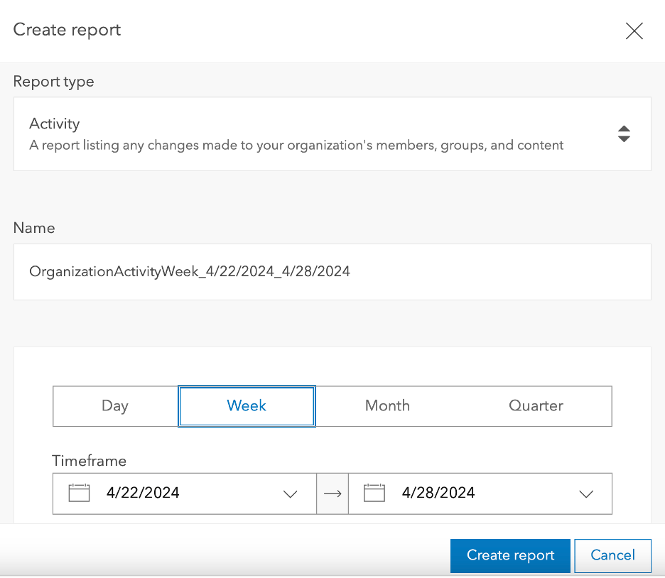 An image showing the details of the 'Create report' dialog box.