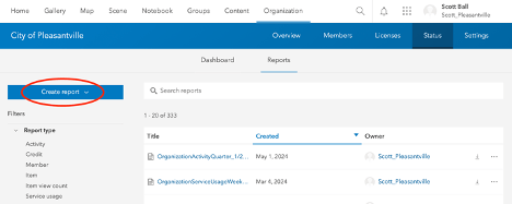 Shows the location of the 'Create report' button on the Org status page.