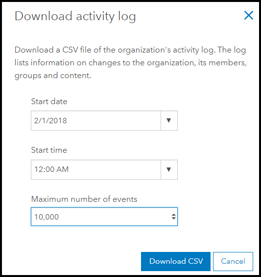 Activity Log download settings