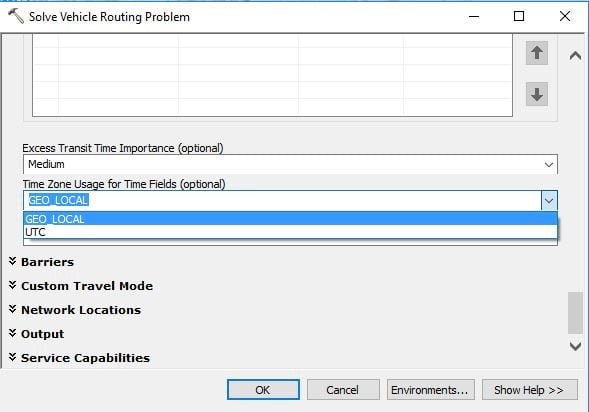 Solve VRP GP Tool Time Zone Usage for Time Fields field