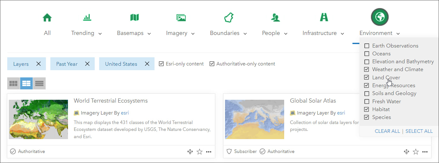 Living Atlas search and filter