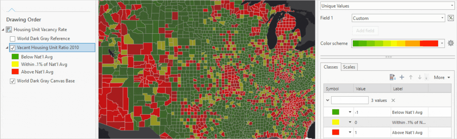 Query layer, symbolized with vacant housing rate, showing more or less detail information based on map's scale