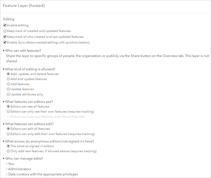 Editing options for feature layer