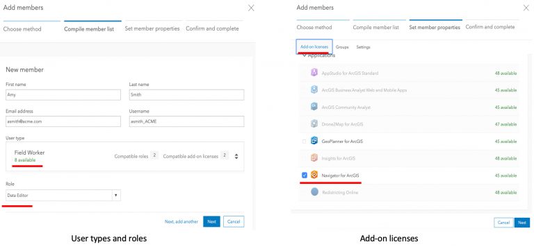 User types, roles and add-on licenses