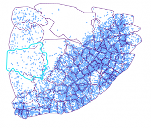 Figure 1: Overlapping subsetting polygon using EBK Regression Prediction, where the blue dots are the point location of rainfall stations and the selected polygon (cyan) shows the overlapping nature. The data for this analysis have been taken from [1].